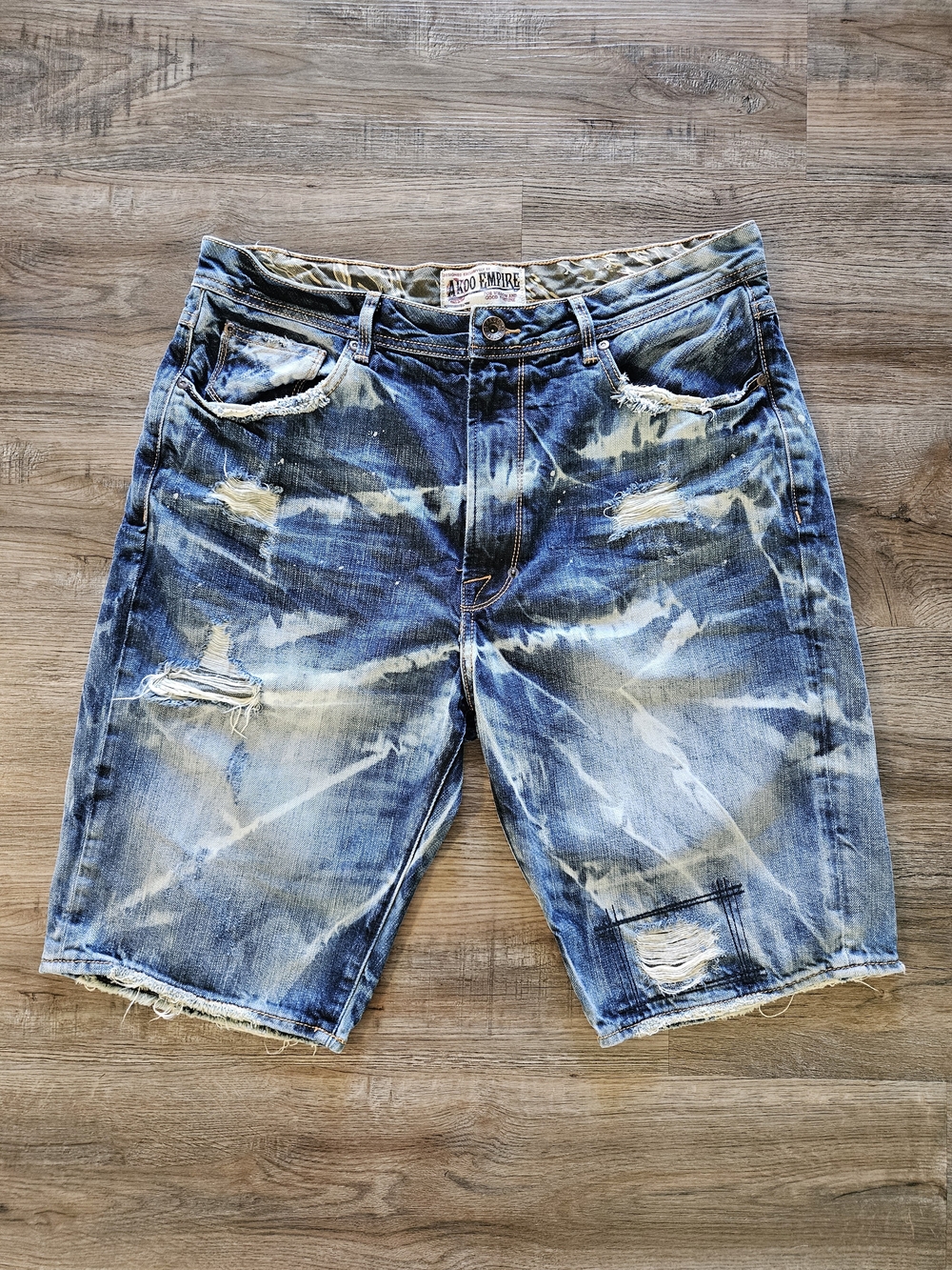 Rare Vintage AKOO Empire 100% Cotton Distressed Washed Denim Shorts